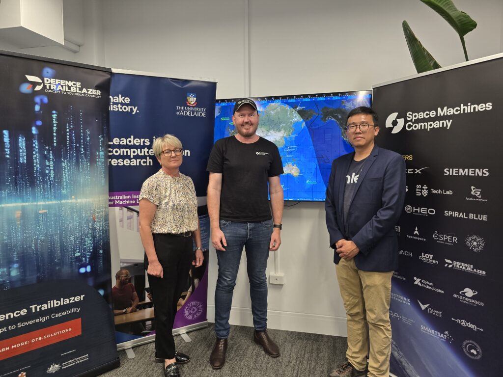 Left to right: Dr Margaret Law (Defence Trailblazer), Mark Ramsey (SMC), Tat-Jun (TJ) Chin (University of Adelaide)